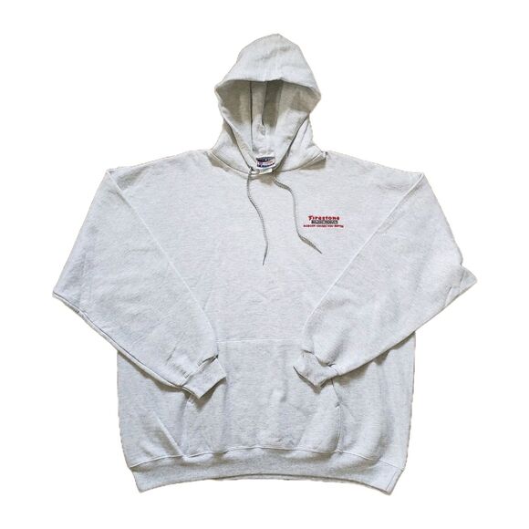 Vintage 90s Firestone Size XL Mens Gray Embroidered Hoodie Grey Hanes Tires - Picture 1 of 7